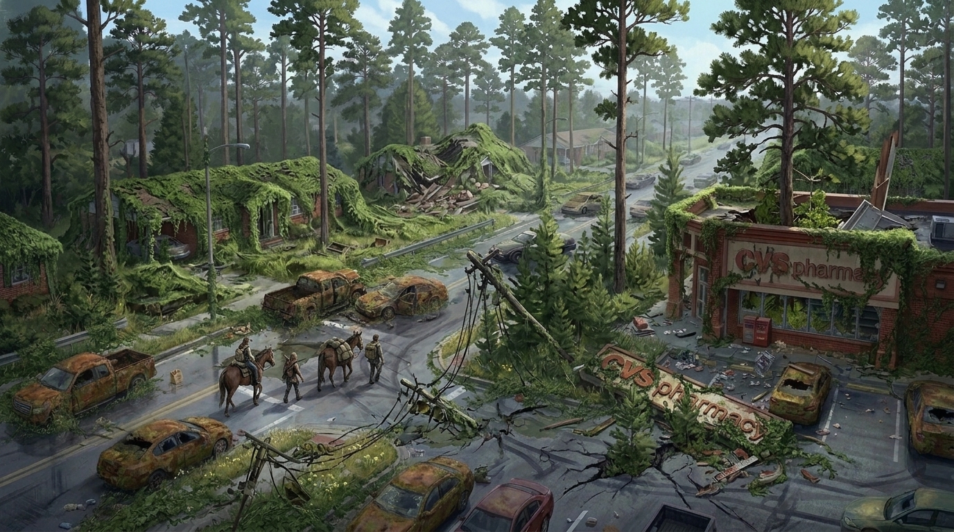 Fifteen years later showing a thriving timber-walled settlement in the forest