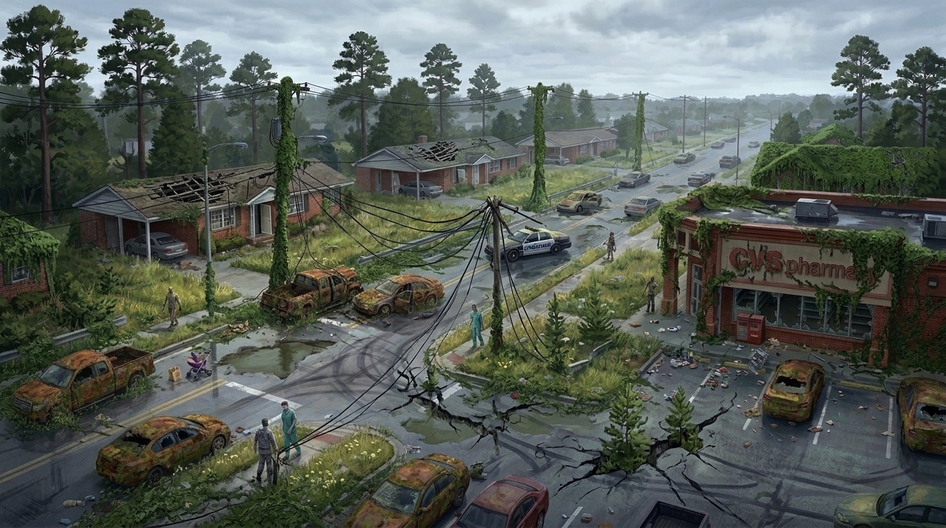 Five years after collapse with pine saplings and vines reclaiming asphalt
